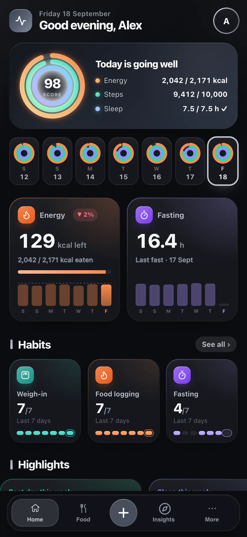TempoLife daily dashboard with next steps and health progress