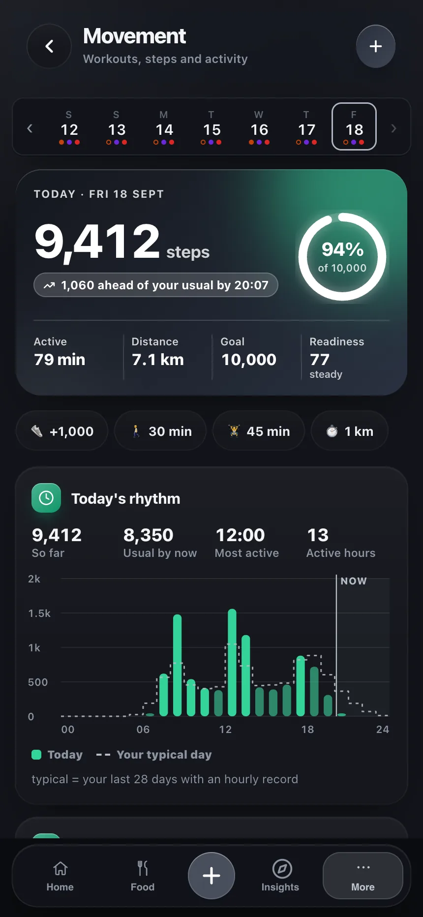 TempoLife movement screen with workouts and steps