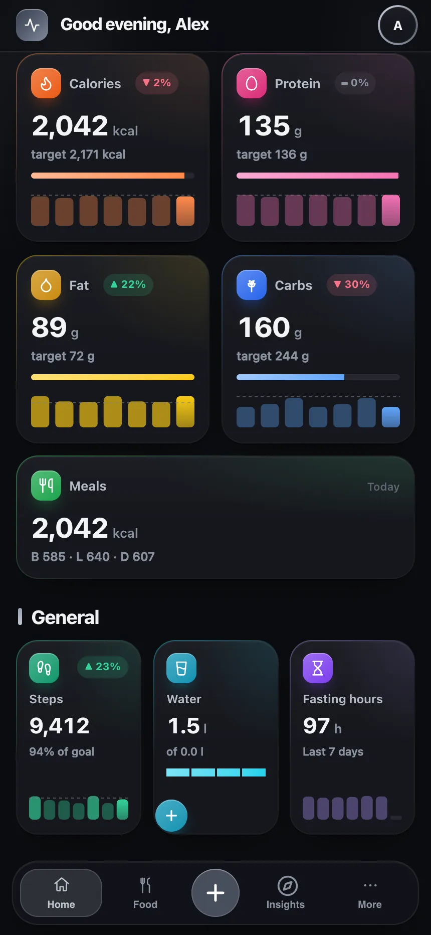 TempoLife nutrition screen with calorie and macro targets and AI nutrition tools