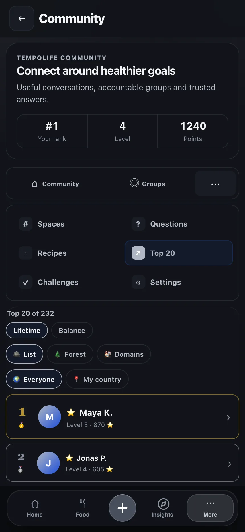 TempoLife community screen with friends, groups and encouragement