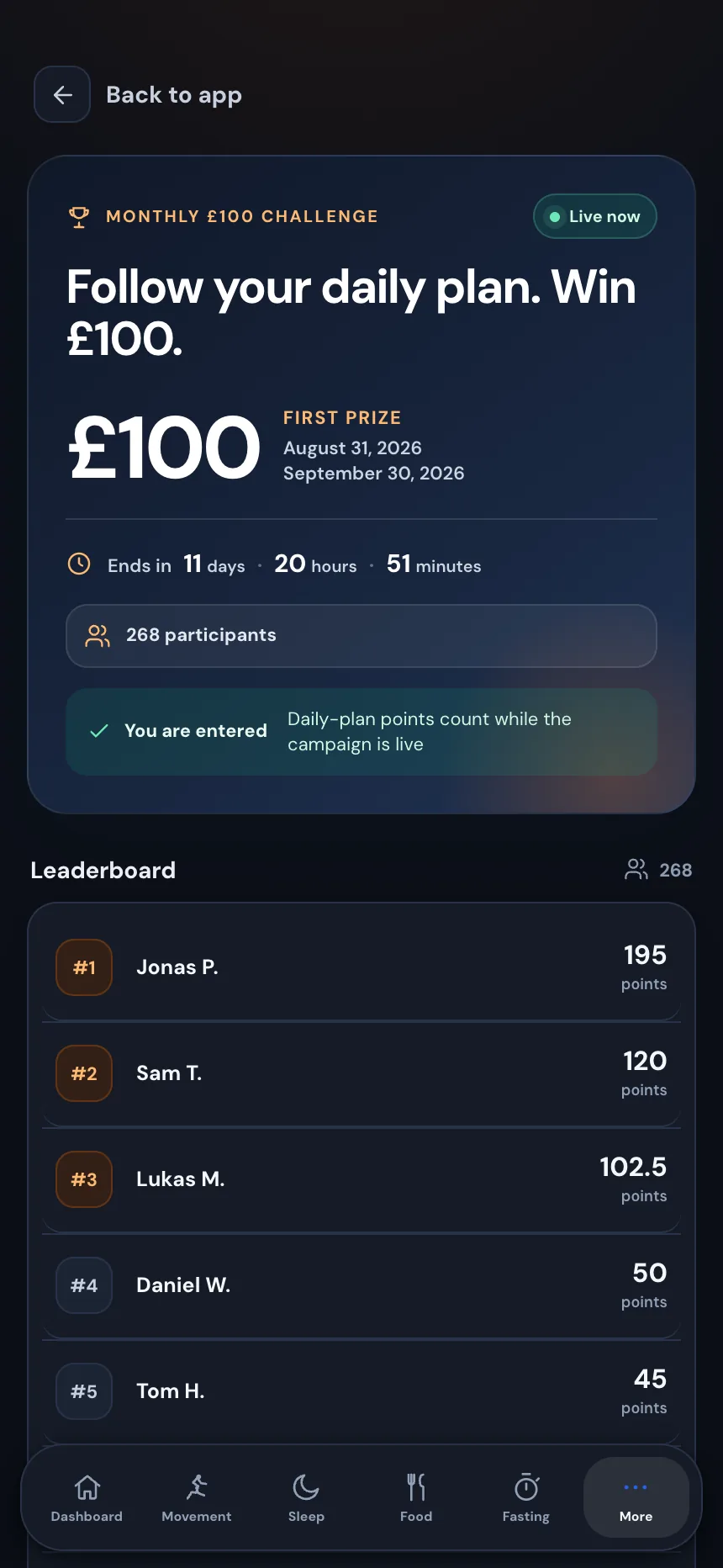TempoLife monthly challenge leaderboard and daily missions